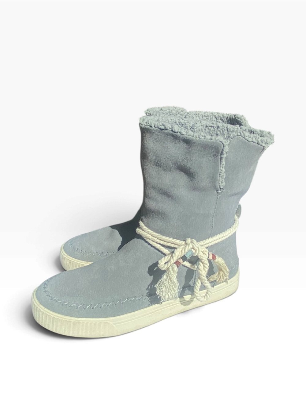 TOMS Nepal Womens 8.5 Gray Faux Fur Lined Moccasin Boots Rope Tie Boho